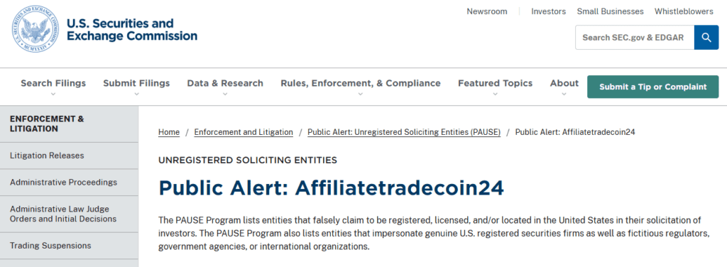 Affiliatetradecoin24 SEC Warning