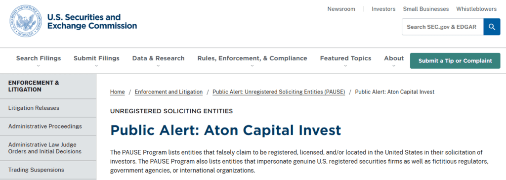 Aton Capital Invest SEC Warning