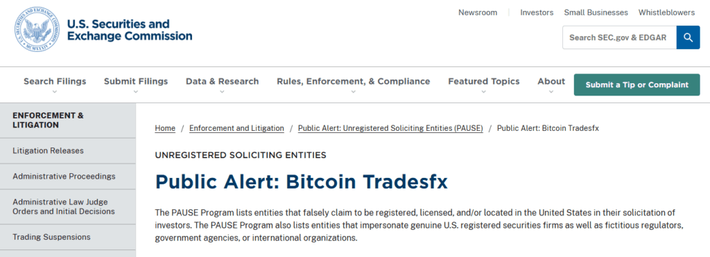 Bitcoin Tradesfx SEC Warning