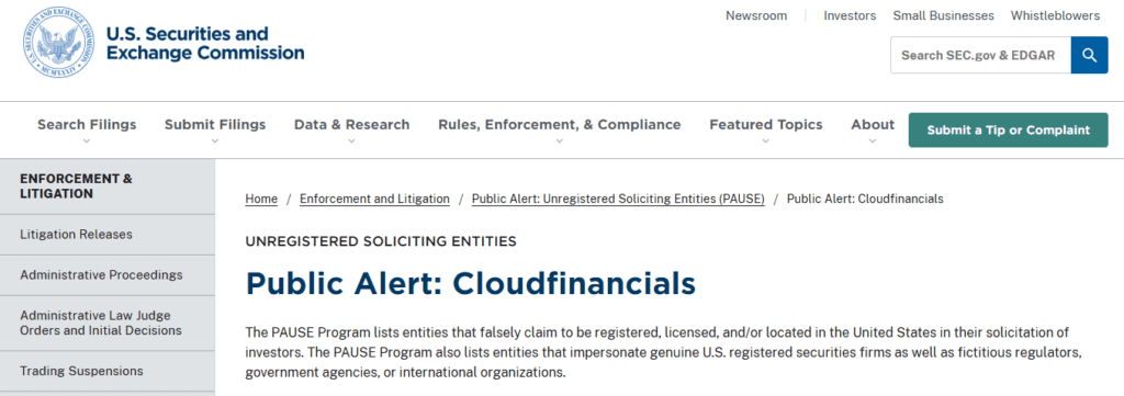 Cloudfinancials SEC Warning