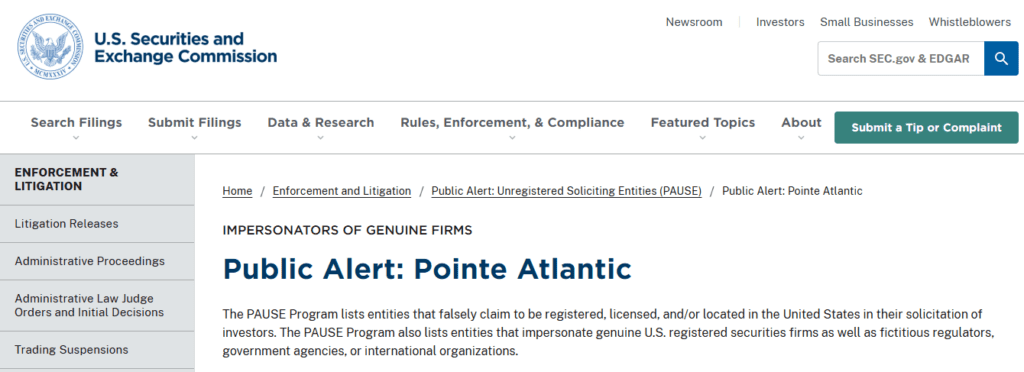 Pointe Atlantic SEC Warning