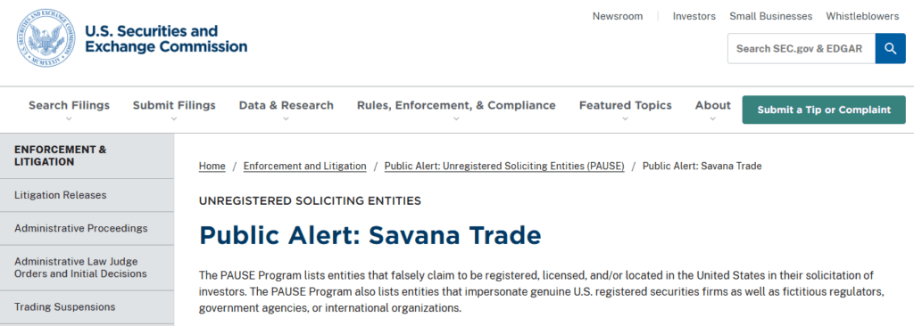 SavanaTrade SEC Warning