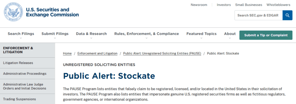 Stockate SEC Warning