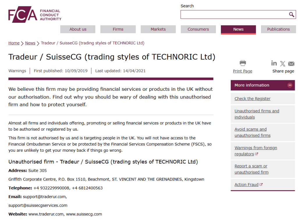 Tradeur-FCA-warning